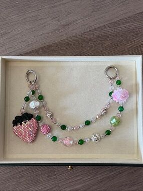 Beaded Pink Strawberry Purse Charm Chain with Green Accents Silver Hardeare